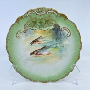 antique limoges france hand painted porcelain plate with fish design gold accent